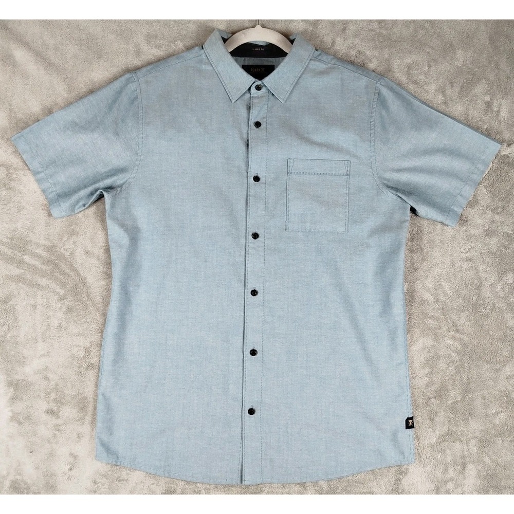 Roark Classic Fit Button Shirt Woven Short Sleeve Blue Mens Medium Casual Logo